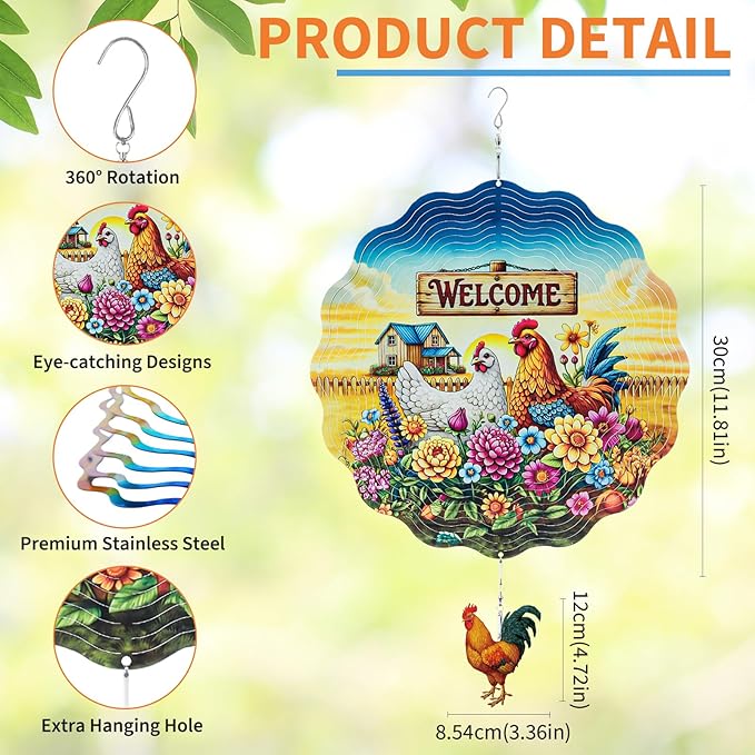 Farmhouse Rooster Wind Spinners Outdoor - Chicken Gifts for Women Mom Men Dad Grandpa, 3D Cute Wind Spinner for Yard Patio Ornament Garden Decor, 12 Inch Hanging Kinetic Metal Wind Sculpture