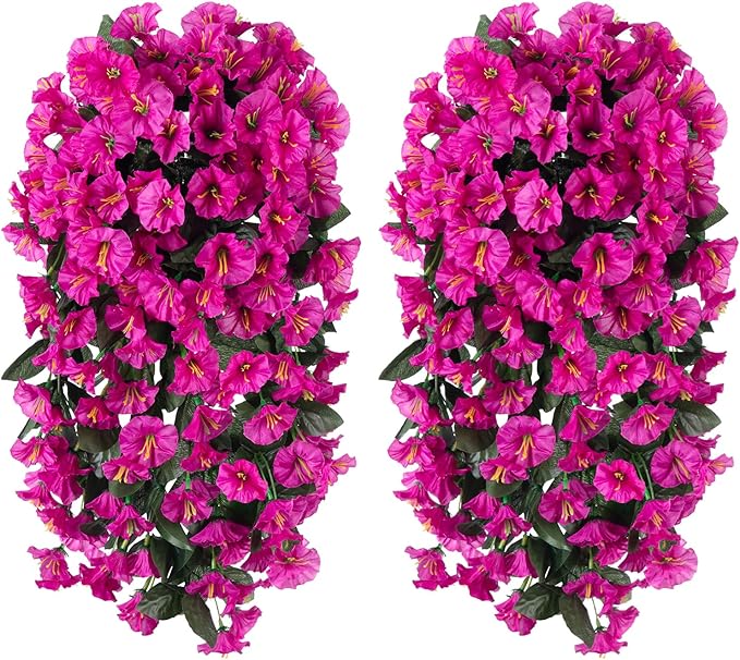 Artificial Fake Hanging Flowers Plants for Outdoor Outside Decoration, 2PCS Faux Silk UV Resistant Look Real Fuchsia Morning Glory Trailing Vines for Home Planter Porch Patio