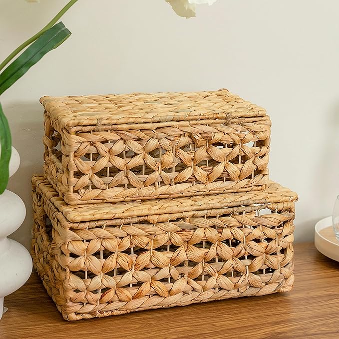 Set of 2 Decorative Storage Boxes with Lids, Wicker, Decorative for Home Decor, Seagrass