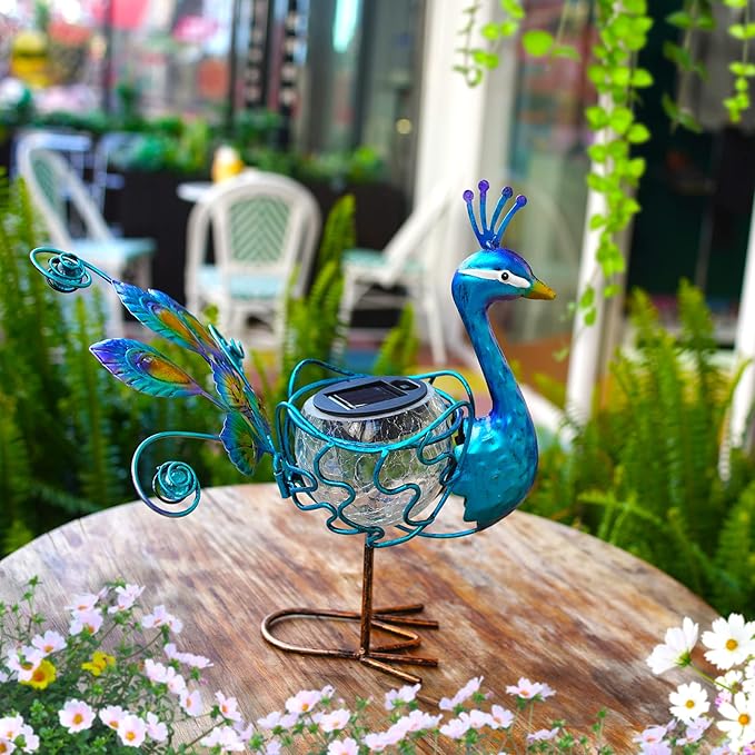 HONGLAND Solar Peacock Statue Light, Solar Animal LED Lights Outdoor, Solar Power Figurine Waterproof Metal Peacock Yard Art for Pathway Patio Backyard Decoration Lawn Ornaments, Peacock Blue