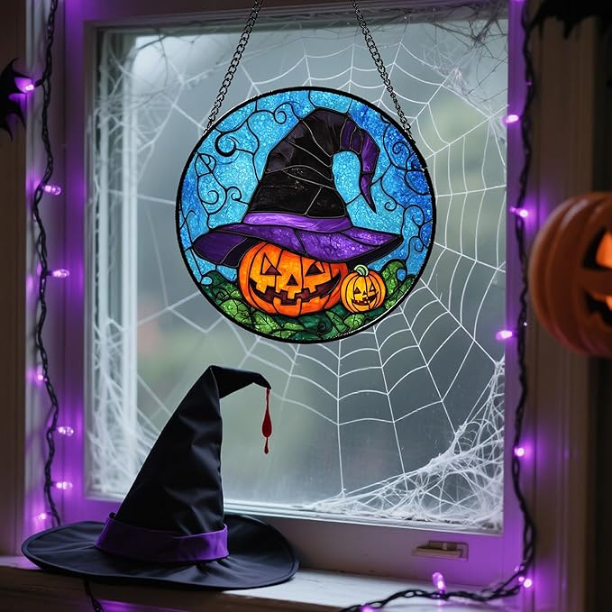 Stained Glass Window Hanging Halloween Horror Pumpkin 6.3" - Suncatcher Door Garden Sunroom Purple Black Witch Hat Sun Catcher Birthday for Friend Mom Men Woman Nana