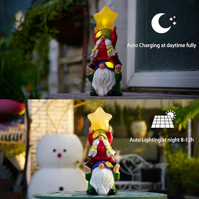 Solar Garden Gnomes Outdoor Statue with Solar Lights, 11" Figurine Lights Solar Garden Outdoor Decorations for Patio,Yard,Lawn Ornament，Mom Gift Unique Housewarming Gifts