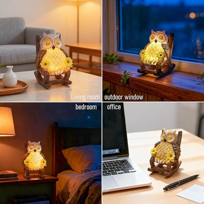 Light Up Owl on Chair Garden Sculpture, LED Solar Powered Owl Lying on The Chair Centerpiece, Cute Figurine Statue for Home Fireplace Outdoor Collection Decoration, 6x4.5x3.3 in