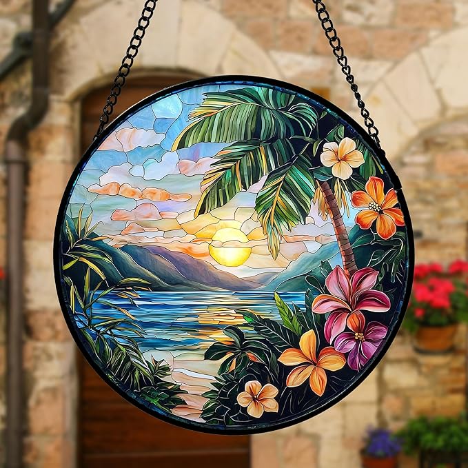 Stained Glass Window Hanging, Colorful Landscape Suncatcher for Doors Home Sun Catchers Decoration and Christmas, Mother's Day Birthday Gifts for Women, Men, and Mom 6.3 in