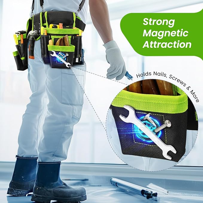 Tool Belt, Professional Tool Belts for Men, Magnetic Tool Pouch With Suspenders, Heavy Duty Detachable Adjustable Utility Belt Work Bags for Electrician, Carpenter (Black and Green, 32"-66")