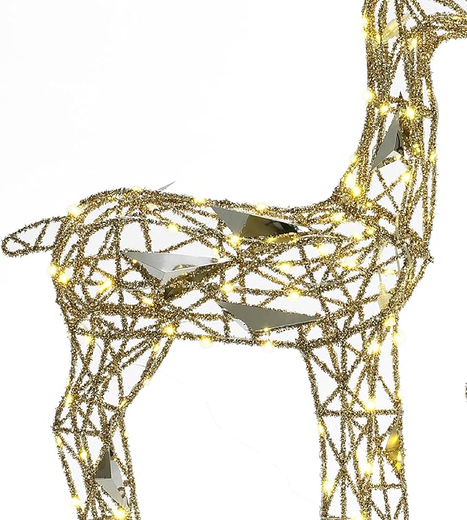 LuxenHome 3PCs Reindeer Christmas Decoration, Gold Reindeer Family with Glitter, 260 LED Lights, Indoor & Outdoor Lighted Christmas Decorations for Lawn, Front Porch, Xmas Holiday Yard Display