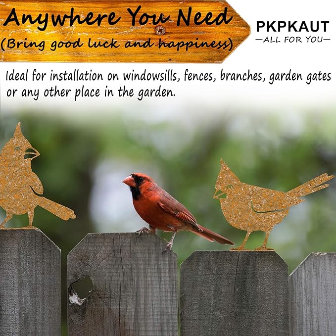 5-Piece Metal Bird Craft Statue Set - Cardinal Silhouettes, Rusty Finished - Perfect for Fence Toppers & Outdoor Decor