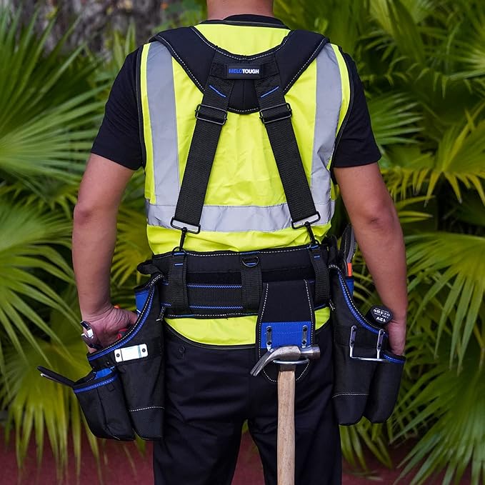 MELOTOUGH Pro Framer's Combo System Apron Tool Pouch Tool Belt with Suspenders Builder Heavy Duty Carpenter Suspension Rig Tool Belt and Multi Function (Blue)…
