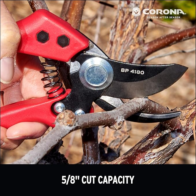 Corona BP 4180 Non-stick Steel Angled Bypass Hand Pruner - 5/8 inch Cut Capacity Stem and Branch Garden Shears, Red