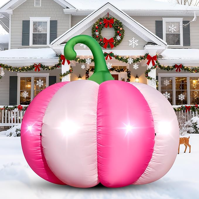 4.6FT Christmas Inflatable Pumpkin Blow-up Pink Pumpkin Build-in 4 LED Lights for Pink Christmas Outdoor Decorations Giant Inflatable Fake Pumpkins for Winter Xmas Party Decor Yard Garden Lawn