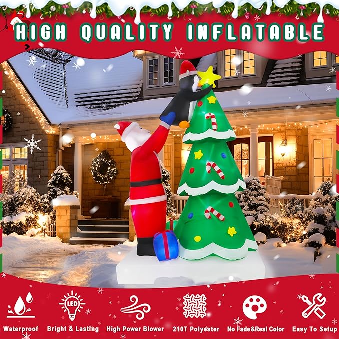 9FT Christmas Inflatables Tree Outdoor Decoration, Santa Claus & Penguin Lighted Party Decoration, Blow Up Decor with Built-in LED Lights Suitable for Lawn/Yard/Garden/Porch