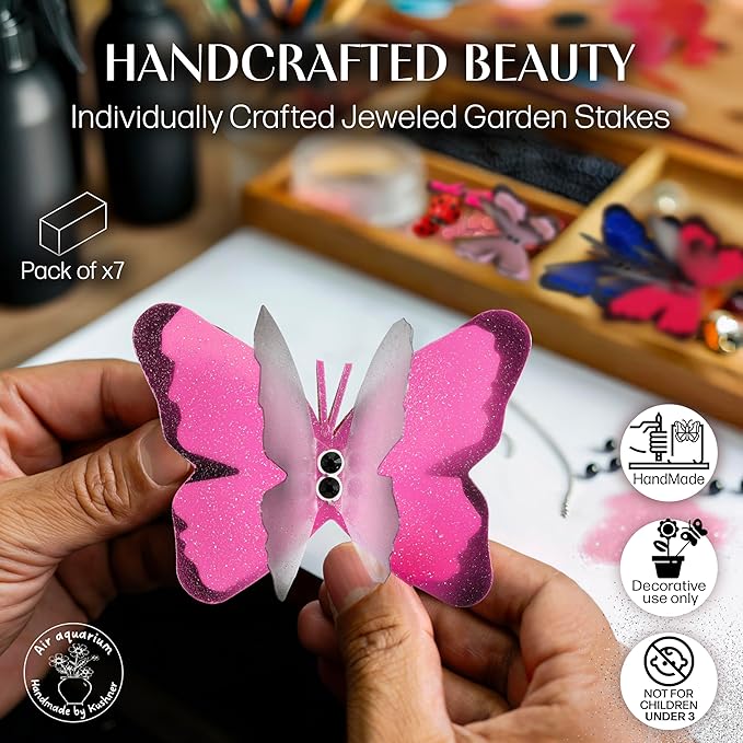 Handmade Lilac Pink Butterfly Garden Stakes Set of 7 - Decorative Outdoor & Indoor Plant Decor - Nature Lover Gift Idea by Air Aquarium Kushner