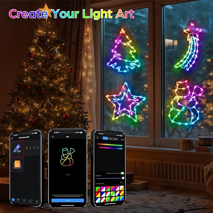 4 Pack Smart Christmas Window Lights, Window Silhouette Lights, Christmas Decorations Indoor,Custom & Preset Modes,APP Control Snowman, Meteor, Christmas Tree, Star for Door Glass