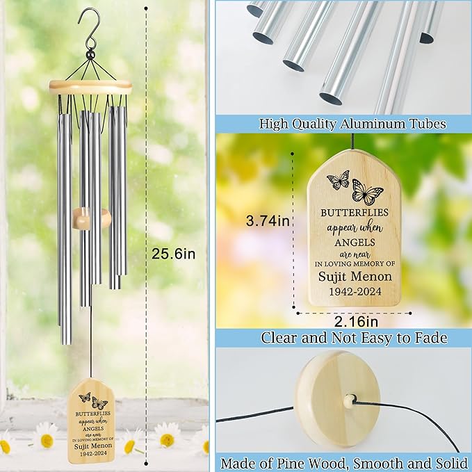 Butterflies Appear When Angels are Near Sympathy Wind Chime | Personalized Memorial Wind Chimes | Wind Chimes for Loss of Loved One | in Memory of Loved One Gifts | Bereavement and Memorial Gifts