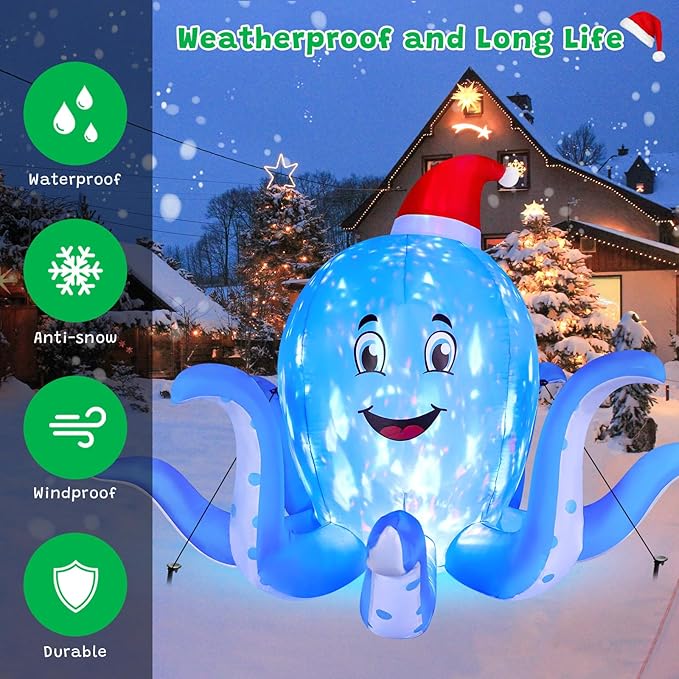 FunFanso 7FT Christmas Inflatable Octopus Outdoor Decorations, Blow up Blue Octopus with Xmas Hat Indoor Decor, Built-in Rotating Flame LED Holiday for Yard Lawn Garden Patio Party Indoor Home Porch