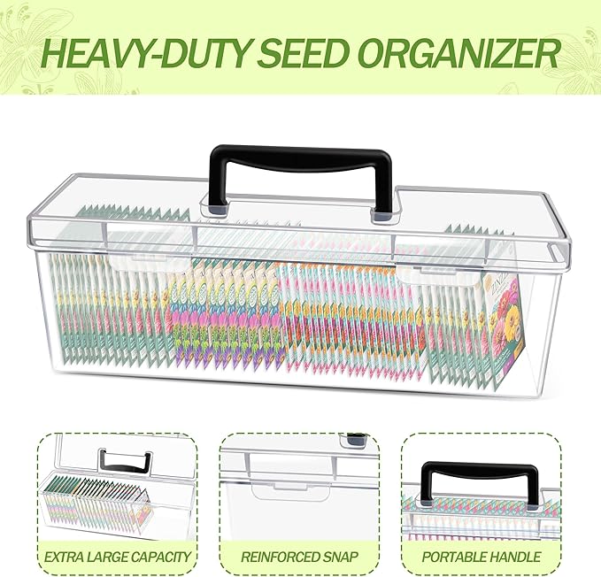 GRETJOB Seed Organizer Storage Box - Clear Plastic Seed Packet Keeper with Secure Lids (14x4.2x4.7in) (1 Pack)