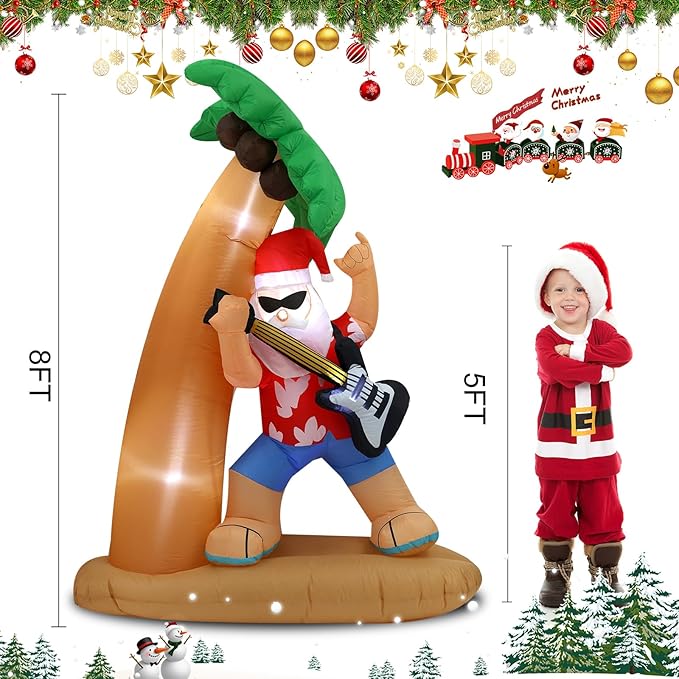 7FT Santa Claus Playing Guitar Under Coconut Tree Christmas Inflatable Decoration with LED Lights, Suitable for Holiday Celebration Decorations on Yards, Lawns and Patios