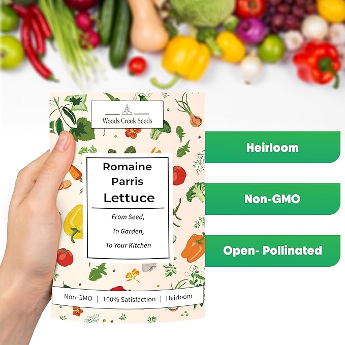 Woods Creek Seeds: Romaine Parris White Cos Heirloom Lettuce Seeds for Planting - Over 2,700 Non-GMO Seed Pack for Indoors, Outdoors, or as Hydroponic Seeds - Beginner-Friendly Green Leaf Lettuce Seed