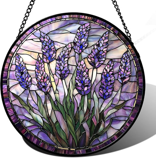 Stained Glass Window Hanging - Purple Flowers Suncatcher for Door Terrace Garden Home Decor Lavender Plant Floral Sun Catcher Birthday Gifts for Lovers Women Men Dad Mom Nana 6.3 in