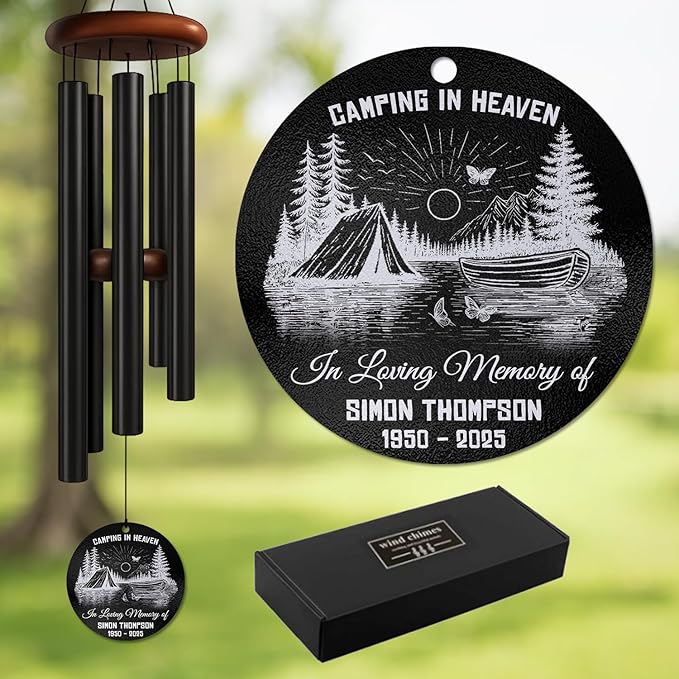Personalized Camping in Heaven Memorial Wind Chime – Custom Engraved Name & Years – Remembrance Gift for Nature Lovers, Campers – Sympathy Windchime for Loss of Loved One, Garden Memorial Décor