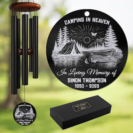 Personalized Camping in Heaven Memorial Wind Chime – Custom Engraved Name & Years – Remembrance Gift for Nature Lovers, Campers – Sympathy Windchime for Loss of Loved One, Garden Memorial Décor