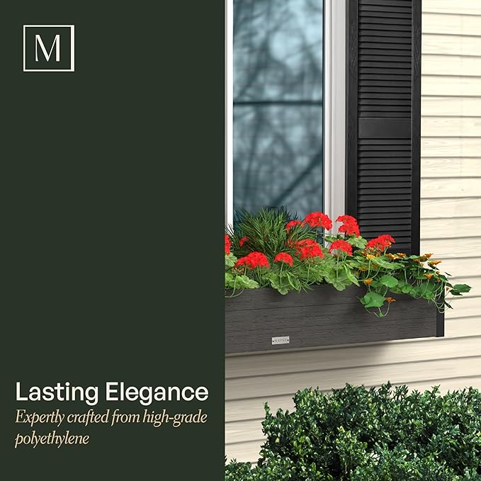Mayne Horizon 3FT Window Box Planter – Modern Rectangular Faux Wood Grain Design for Windows, Durable All-Season Outdoor Flower Box with Drainage, Easy Installation
