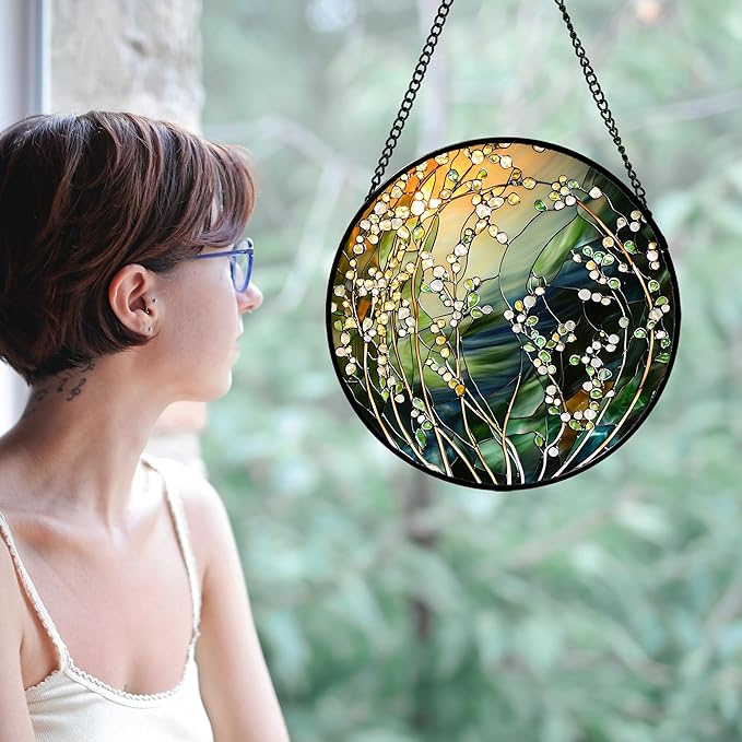 Stained Glass Suncatcher, Yellow Green Gradient Flower Sun Catcher Plants Stain Glass Window Hanging Decoration Mother's Day Birthday Gifts for Women Men Mom and Nana 9.8 in