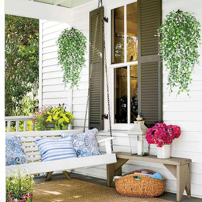 RECUTMS 4PCS Artificial Hanging Plants 33Inch Fake Wall Plant Faux Eucalyptus Leaves Ivy Swag UV Resistant Greenery for Indoor Outdoor Home Office Garden Wedding Patio Spring Easter Party Decor(White)