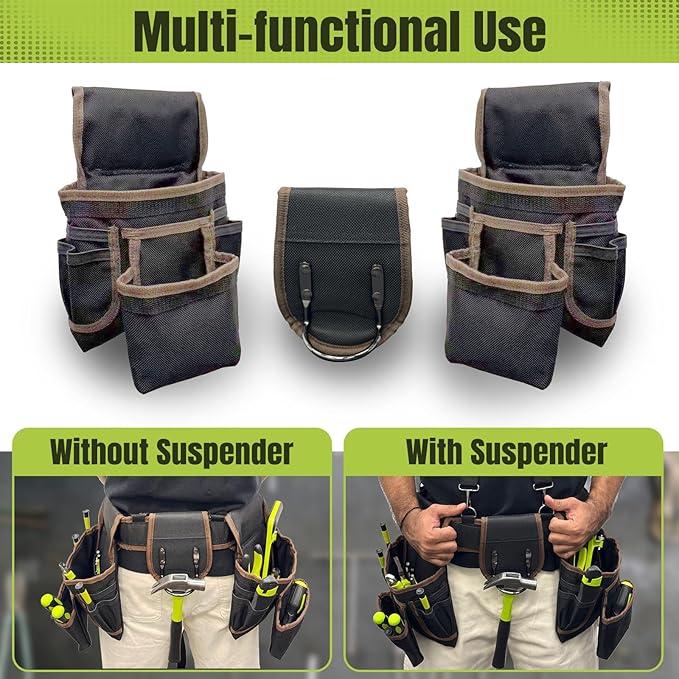 Tool Belt, Tool Belts for Men, 32 to 66 Inches Adjustable Waist, Electrician and Carpenter Tool Belt with Suspenders for Construction and Gardening, Black and Brown