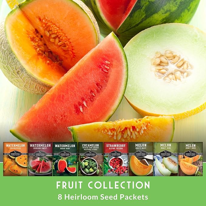 Fruit Seeds for Planting - 8 Variety Pack | Watermelon, Cantaloupe, Melon, Strawberry, Cucamelon for Home Vegetable Gardens - Non-GMO Heirloom Fruits - Survival Garden Seeds