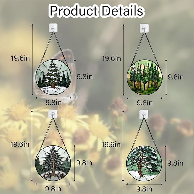 Stained Glass Window Hanging 4 Pcs Set Forest Green Trees Winter Snow 9.8" - Suncatcher Door Garden Sun Catcher Home Decor Birthday Mother's Day for Woman Nana Mom Men