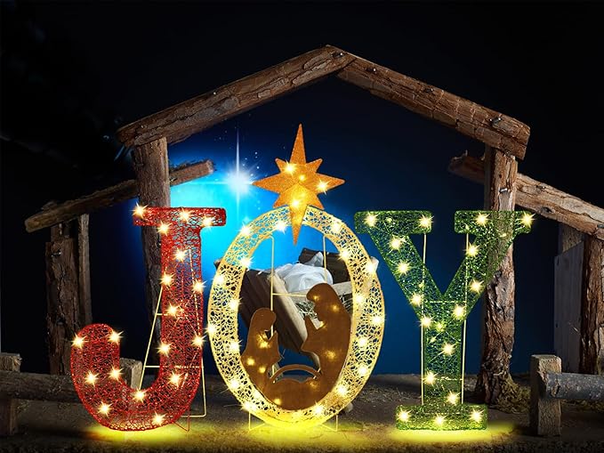 35 Inch Lighted Joy Nativity Christmas Decoration, Outdoor Holiday Scene for Garden, Lawn or Porch Display – Indoor & Outdoor Christmas Décor