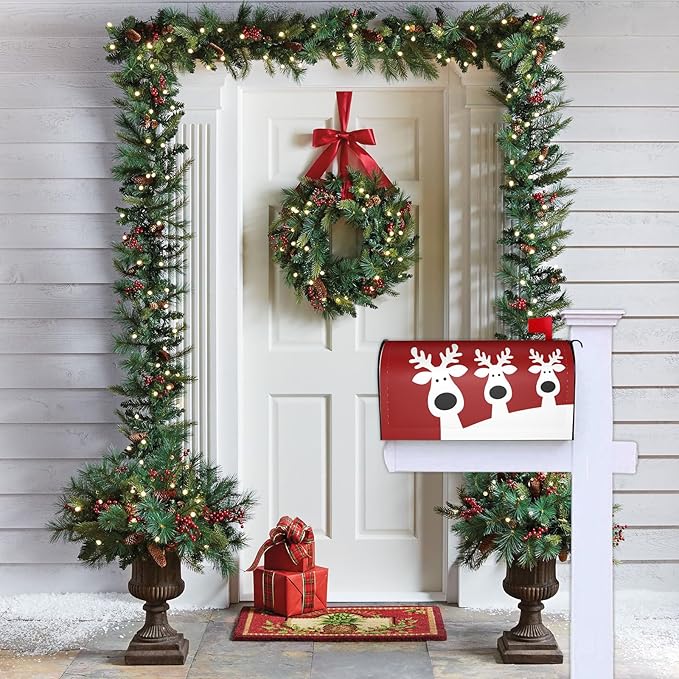 Christmas Reindeer Mailbox Cover, Xmas Elk Post Letter Red Large Size Magnetic Mailbox Cover, New Year 25.1" Lx 21" W Holiday Waterproof Outdoor Mail Wraps for Garden Yard