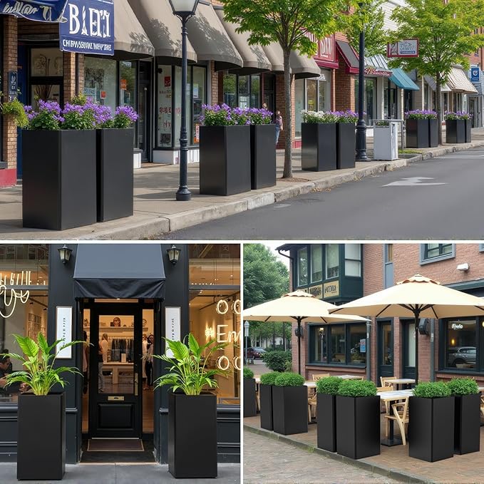 24" Tall Planter for Outdoor Plants, Modern Large Outdoor Galvanized Steel Flower Pots, Front Porch Decor, Garden Pots, Black Planters for Indoor/Outdoor, Patio, Balcony