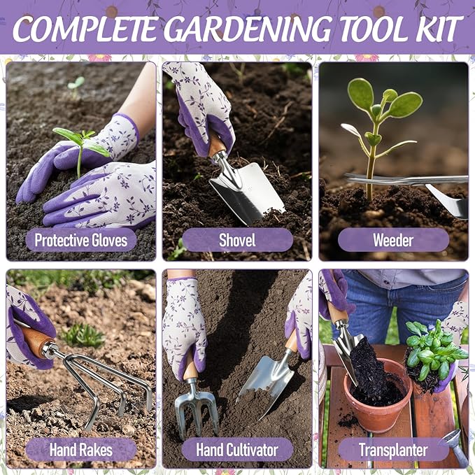21 Piece Gardening Tools Set Heavy-Duty Gardening Gifts for Women Wife Grandma Garden Hand Tools with Purple Floral Tote Bag Water Can Garden Supplies Kit for Christmas White Elephant