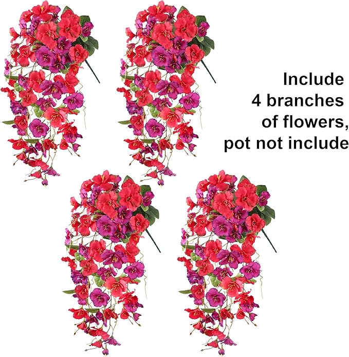 Artificial Hibiscus Fake Hanging Flowers Plants for Outdoors Spring Decoration, 4pcs Faux Silk Outside Hibiscus Long Trailing Vines Realistic UV Resistant for Front Door Planter Porch Patio Yard Urn