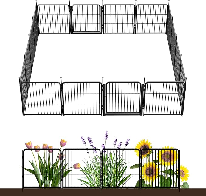 SunsGrove Garden Fence with Gate, 24 in(H) x 29.7 ft(L) 16 Panels Heavy Duty Metal Animal Barrier Fence for Yard, Suitable for Indoor or Outdoor Dog Pet Fence, Garden Fence Border, Black