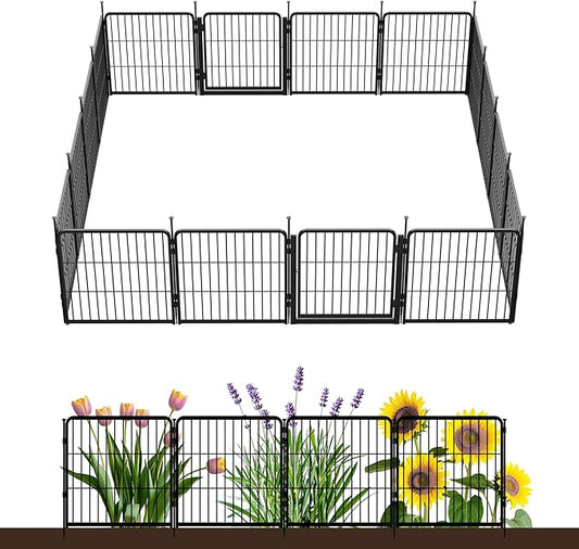 SunsGrove Garden Fence with Gate, 24 in(H) x 29.7 ft(L) 16 Panels Heavy Duty Metal Animal Barrier Fence for Yard, Suitable for Indoor or Outdoor Dog Pet Fence, Garden Fence Border, Black