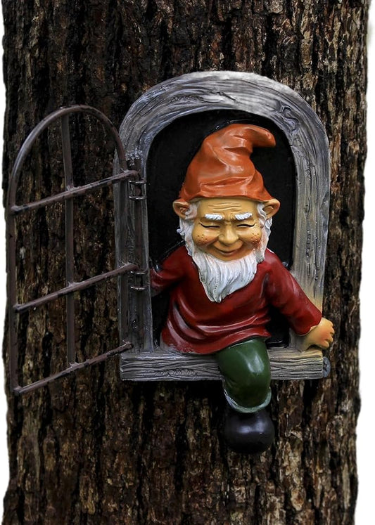 Garden Gnome Open The Door Garden Decor Resin Tree Faces Decor Outdoor Fairy Garden Patio Lawn Porch (Red)