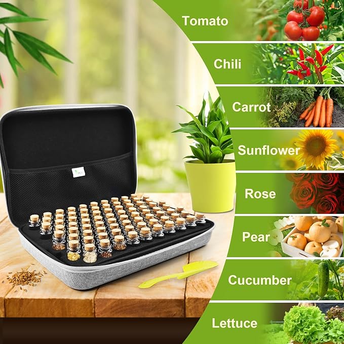 80 Slots Seed Storage Organizer with 40 Seed Envelopes, Sturdy Organizer Storage Box with Label Stickers, Glass Container for Flower Vegetable Garden Seed Saving (Seeds not Included)