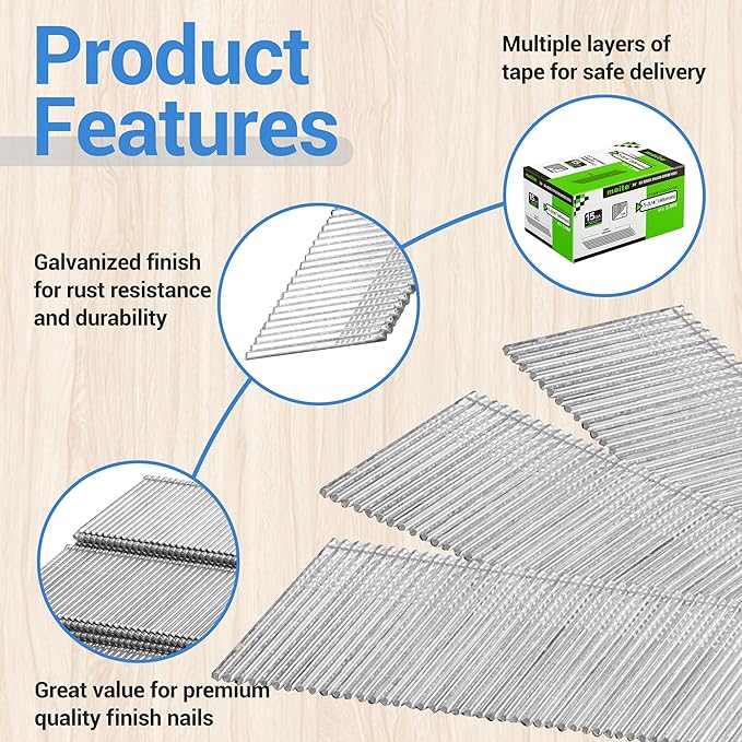 meite 15 Gauge Finish Nails 1-3/4-Inch 34 Degree Angled Galvanized Finishing Nails for Electric or Pneumatic Nailer Gun - No-Rust DA Nail for Cabinet Building Window Trim Fine Woodworking, 16,000PCS
