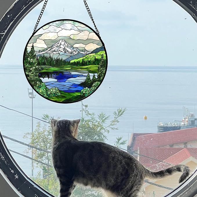 Stained Glass Window Hanging 4 Pcs Set Mountains Lake Green White Landscape Large 11.8" - Suncatcher Door Garden Sun Catcher Decor Birthday Christmas for Mom Woman Nana Men