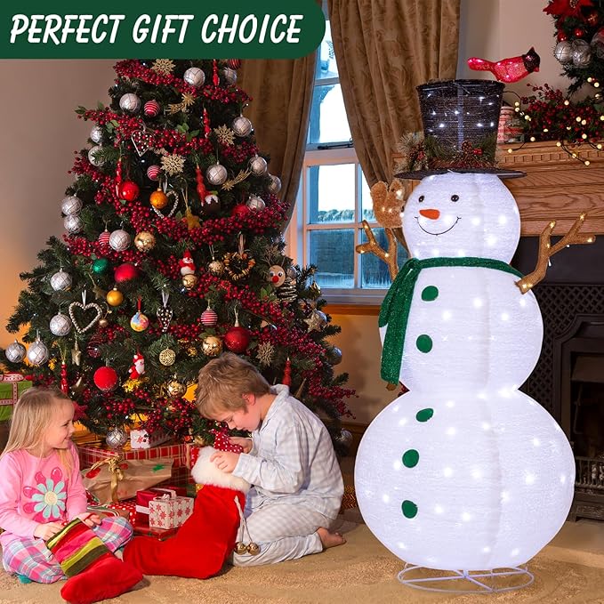 NALONE 6 FT Christmas Lighted Snowman with 200 LED Lights & Timer, Collapsible Snowman Christmas Decorations Outdoor Yard Home, Fluffy Snowman with Bird & Squirrel(6FT)