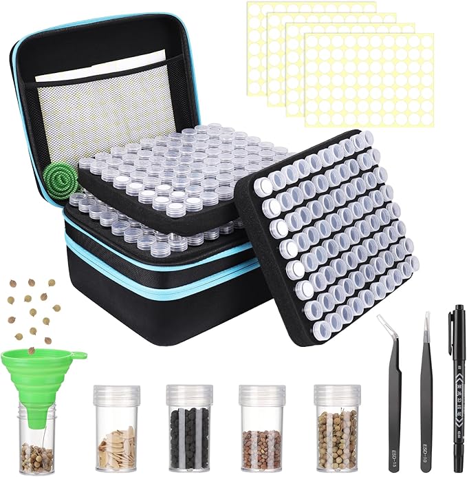 Seed Storage Organizer Sturdy Seed Organizer Storage Box Containers Label Stickers Funnel Straight Curved Tip Tweezers for Vegetable Plants Garden 240 Slots