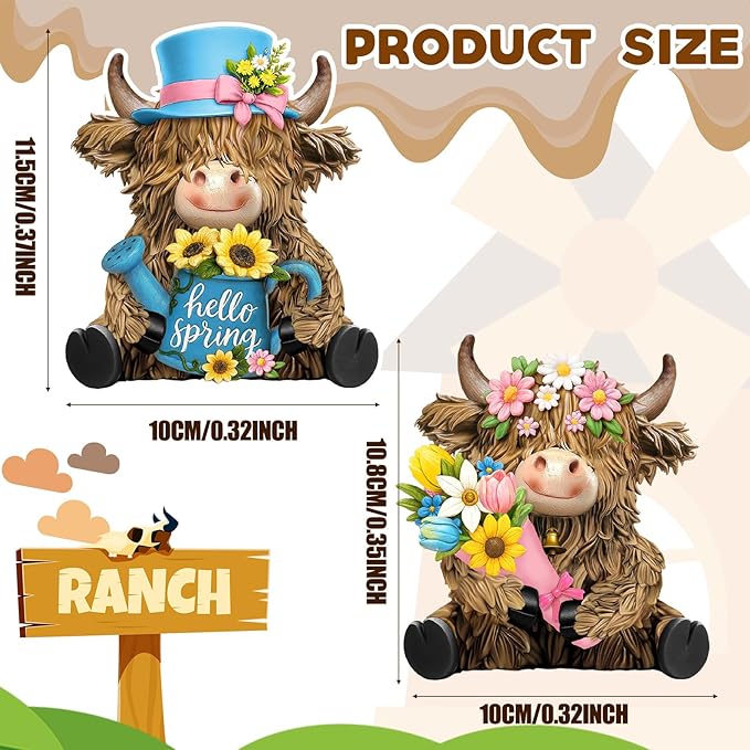 2 Pack Spring Highland Cow Resin Figurine Spring Bathroom Highland Cow Gnomes with Flower Starfish Resin Statue for Garden Table Shelf Home Decor Calf Gnome Herd Gifts
