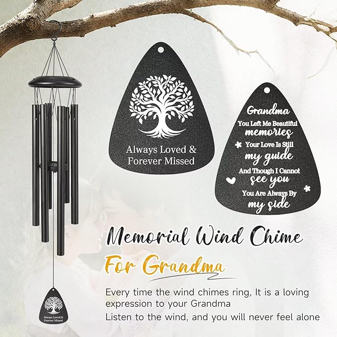 Memorial Gifts for Loss of Grandma, 25''Memorial Wind Chimes of Sympathy Gifts for Loss of Grandma,Condolence/Bereavement/Remembrance Gift,Windchimes in Memory,Funeral Decor for Garden Outside,Black