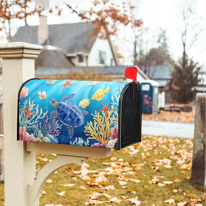 Sea Turtle Mailbox Cover Magnetic 21x18 Inch- Summer Ocean Blue Tortoise Starfish Coral Mailbox Wrap Post Cover Standard Size for Garden Yard Outdoor Outside Seasonal Decor
