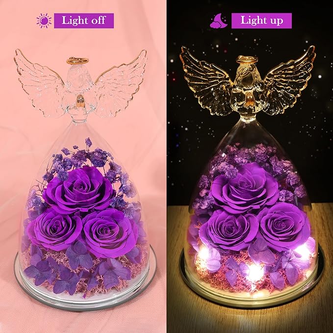 Preserved Flower Rose Gifts for Women, Forever Eternal Fresh Flowers in Glass Angel Figurines Flowers for Delivery Prime Purple Roses for Grandma Mom Sister Her Wife on Mothers Day Birthday Christmas