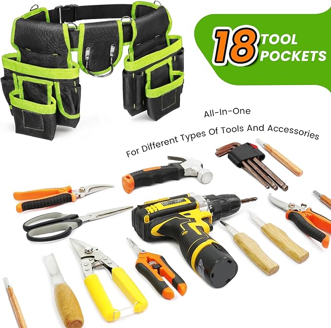 Tool Belt, Professional Tool Belts for Men, Magnetic Tool Pouch With Suspenders, Heavy Duty Detachable Adjustable Utility Belt Work Bags for Electrician, Carpenter (Black and Green, 32"-66")