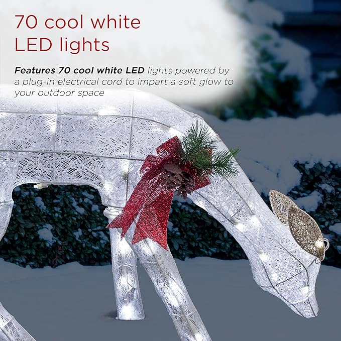 Alpine Corporation 28" H Mesh Grazing Holiday Reindeer Lawn Decoration with Cool White Lights, Christmas Decoration